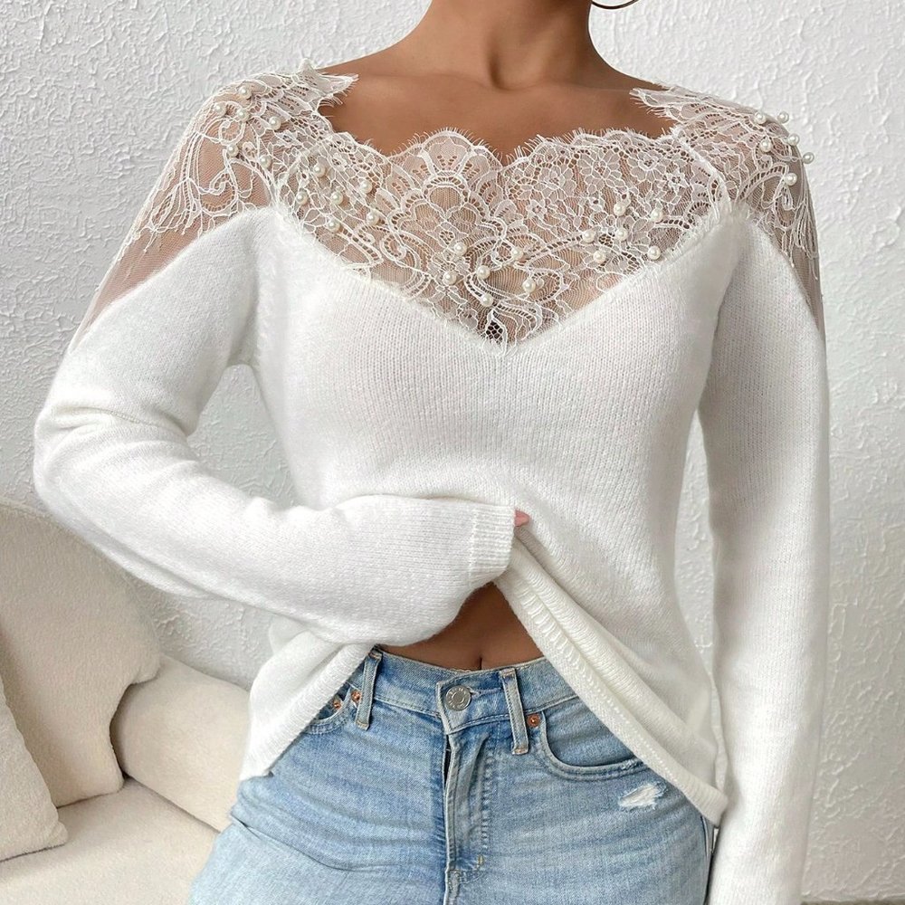 White Casual Womens Eyelash Lace Panel Raglan Sleeve Sweater - Picture 4 of 5